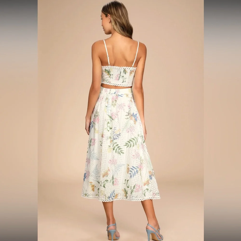 NWT Lulus Sweet At Heart White Floral Embroidered Two-Piece Midi Dress Small - Picture 2 of 16